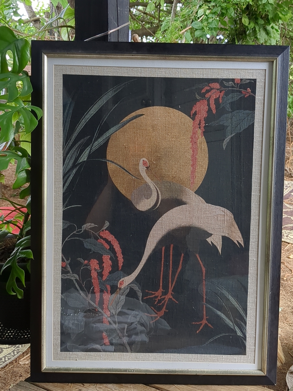 Gold Moon Crane Art Print in Black, Coral and Gold Frame Textile Transylvania